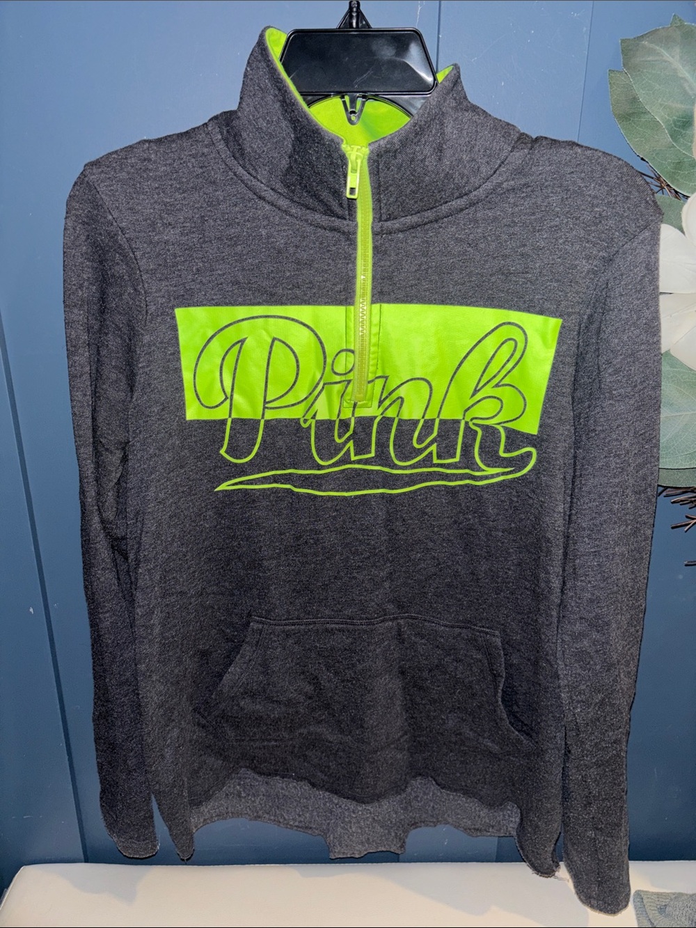 Victoria's Secret PINK Charcoal Gray‎ Pullover/ 1/4 Zip with Neon Lime Accent